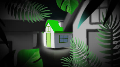 animación de una casa gris con una planta tropical verde