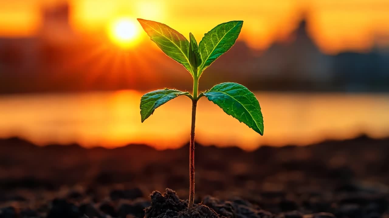 A small plant is growing in the dirt next to a body of water. The sun is setting in the background, casting a warm glow over the scene. Concept of growth and renewal