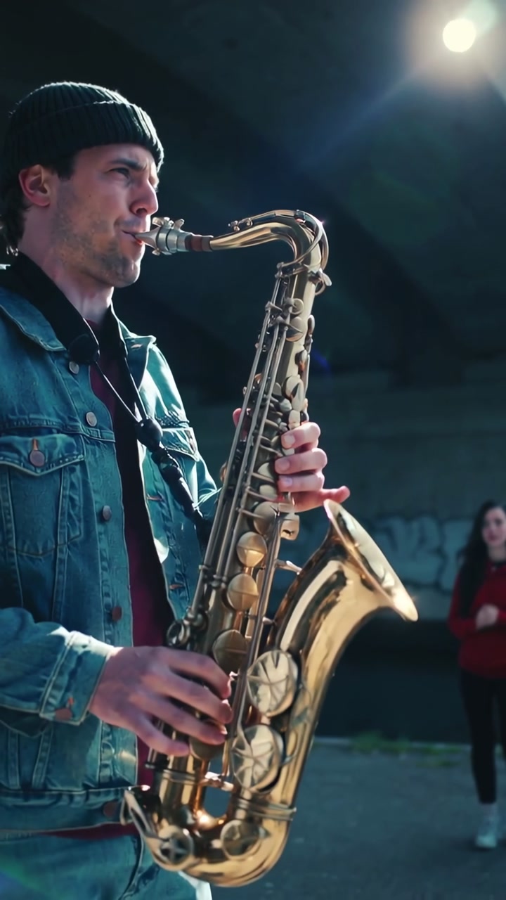 Vertical video: Bringing sax to lips, sax player playing under bridge, denim jacket for passerby