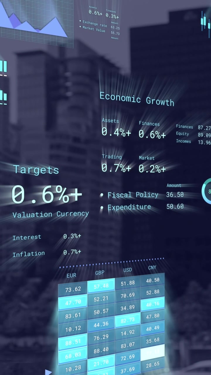 Animation of financial data processing over cityscape