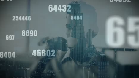 animation of numbers and data processing over man drinking coffee