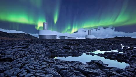 aurora borealis over geothermal plant in iceland
