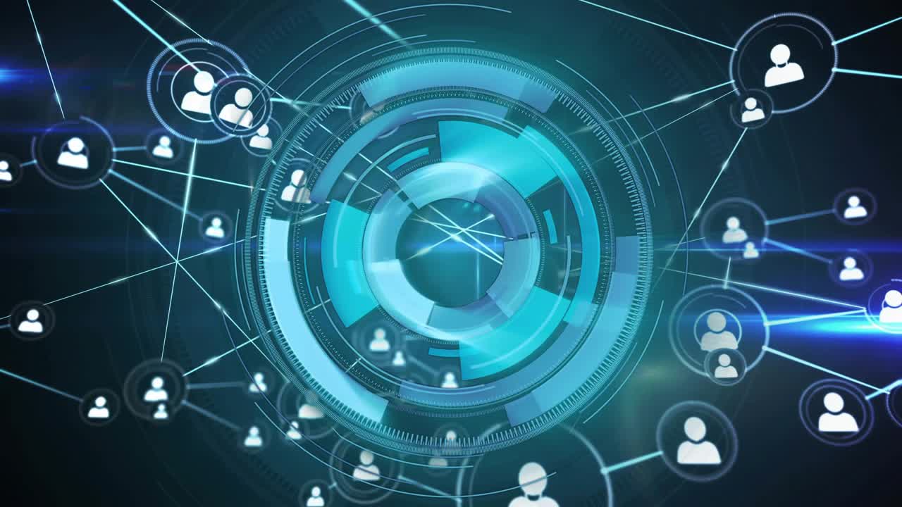 Central HUD activating, rings rotating, lines extending, nodes connecting, visualizing network