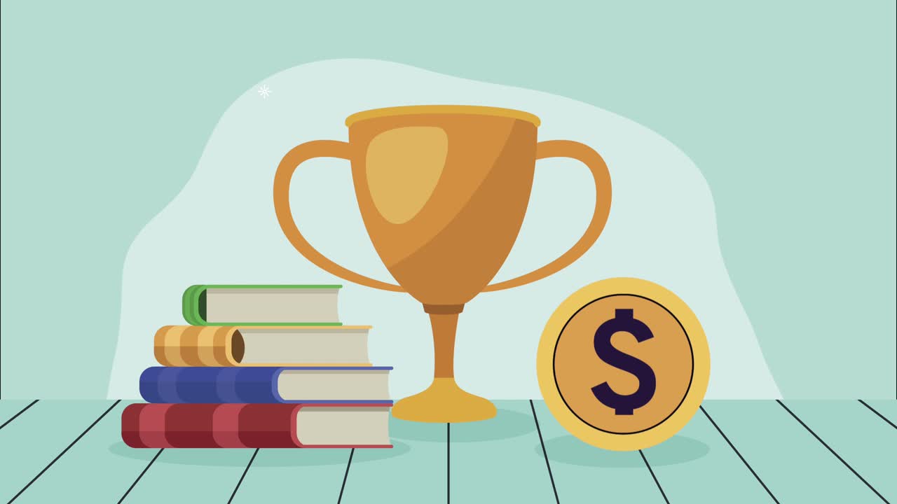 libros de texto con copa de trofeo