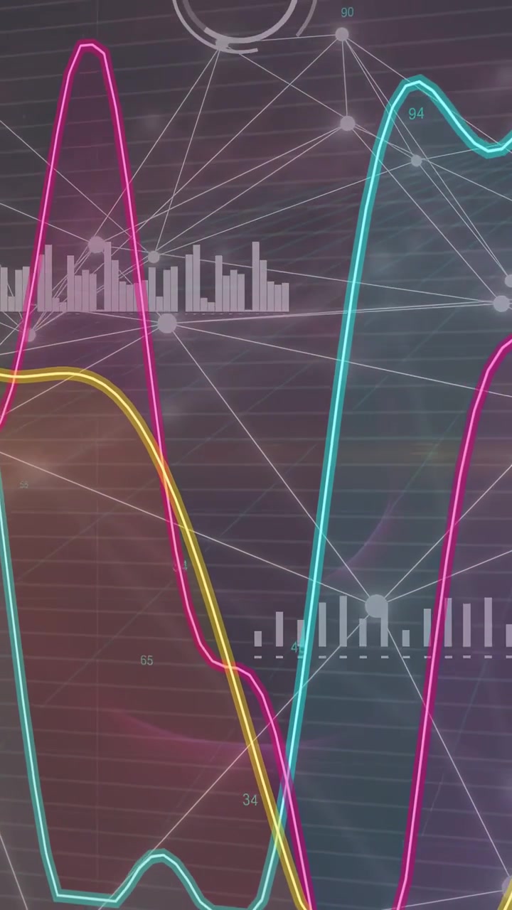 Vídeo vertical: Visualização de dados com medidor subindo, malha se deslocando e traços varrendo atualizando métricas