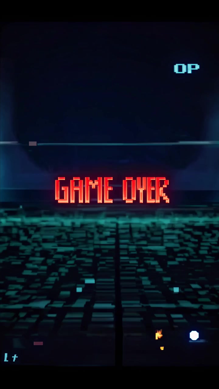 Retro pixelkunst 'Game Over'-skærm med glitch-effekter og digitalt gitter