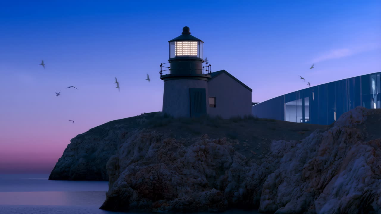 Lighthouse on a Cliff at Dusk with Birds Flying