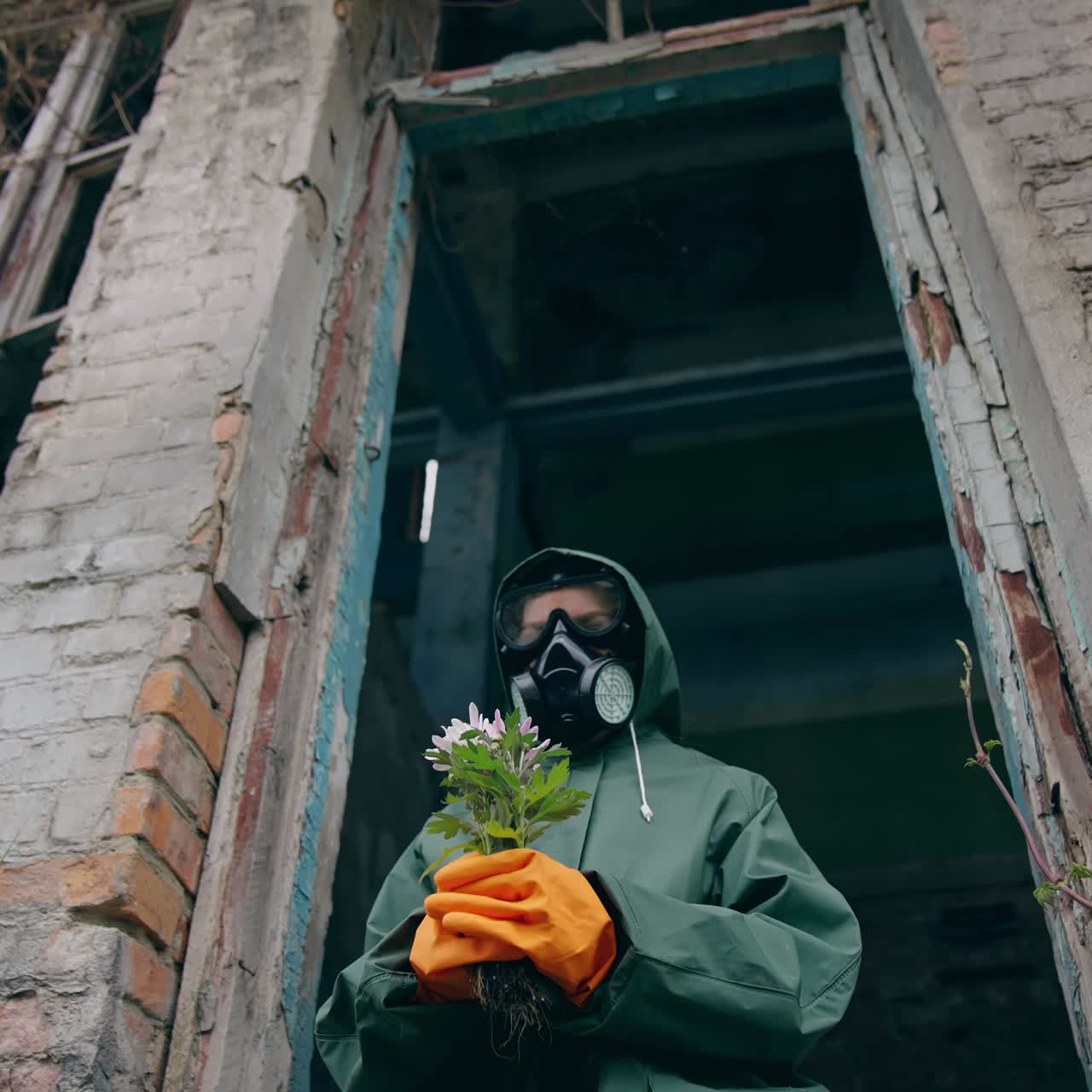 Apocalypse broken architecture. Person in radioactive suit in abandoned creepy place