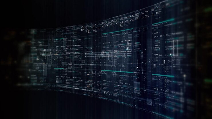 Futuristic data network visualization with glowing digital streams, big data analytics interface, cyber technology background and communication system in curved virtual display