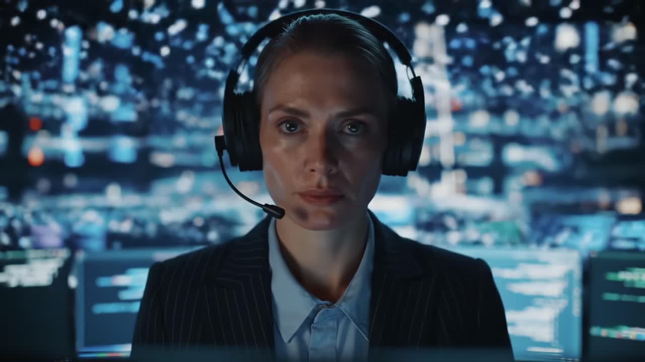 Focused Female Operator in a High-Tech Control Room Engaged in Critical Operations Surrounded by Digital Displays and Data Streams