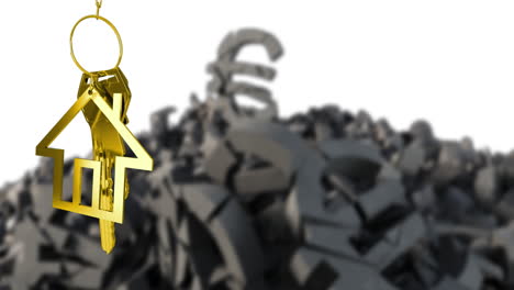 animation of key in house keychain over 3d pilled up euro symbols against white background