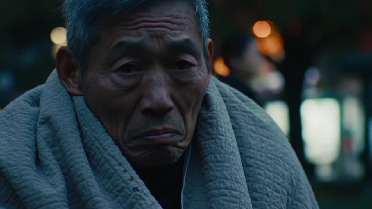 A somber moment captured in the twilight, revealing deep emotions on a man's face wrapped in a blanket, reflecting hardship and resilience in a dimly lit setting.
