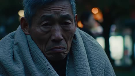 a somber moment captured in the twilight, revealing deep emotions on a man's face wrapped in a blanket, reflecting hardship and resilience in a dimly lit setting.