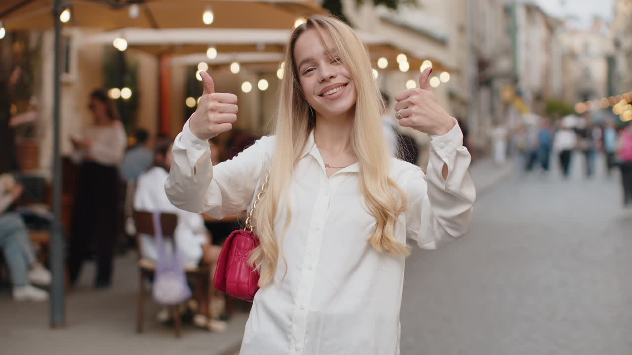 행복한 여성이 엄지손가락을 나타내는 것은 긍정적인 신호와 같습니다. 도시 거리에서 좋은 긍정적인 피드백이 있습니다.