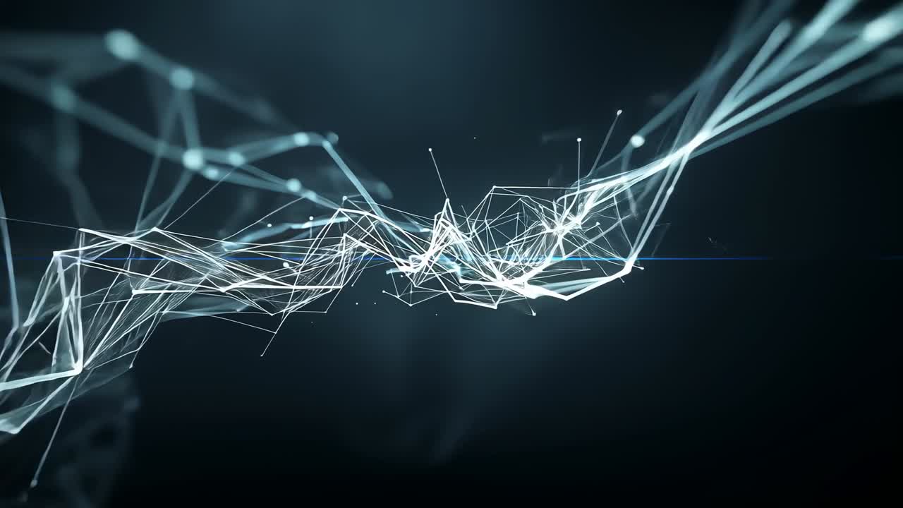 Emerging network mesh of glowing nodes and lines undulating then pulsing before retracting in void