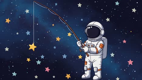 an astronaut enjoys a whimsical scene of fishing for stars in a cosmic landscape filled with colorful celestial bodies, showcasing the charm of space exploration and imagination