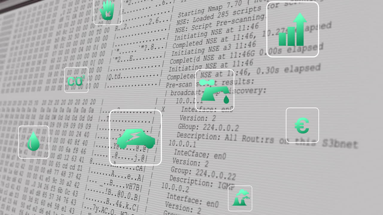 Animation of ecology icons over data processing on white background