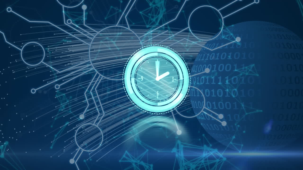 animación de reloj moviéndose sobre datos, conexiones y globo en fondo naval