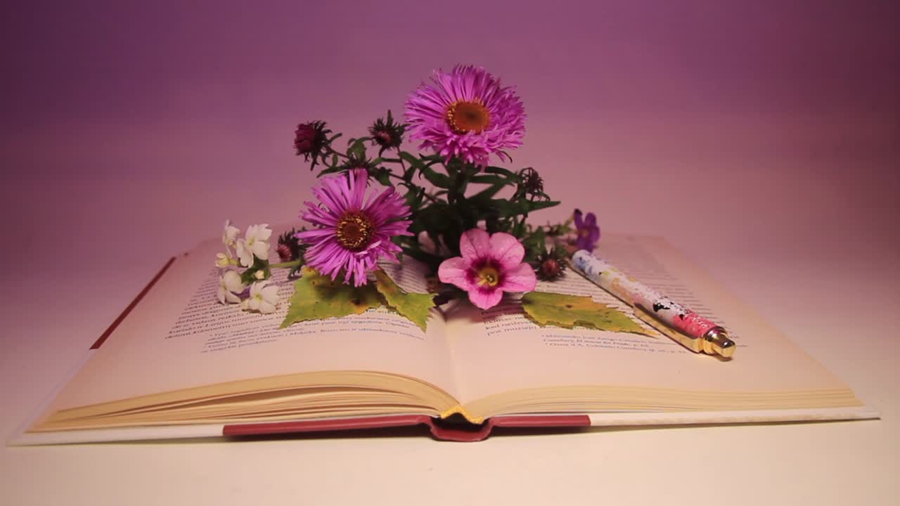 primer plano de flores y pluma en el libro