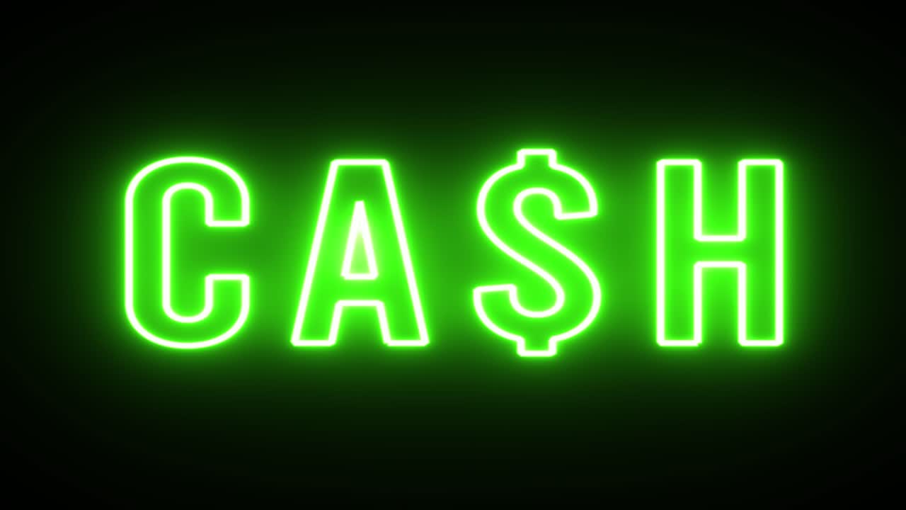 Insegna al neon verde tremolante con la scritta "Cash"