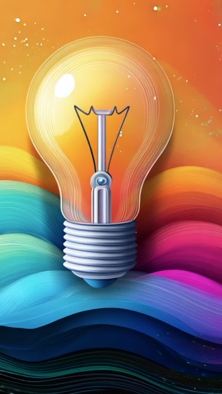A colorful light bulb is floating on top of a wave of colors. Concept of creativity and inspiration, as the light bulb represents an idea or a spark of innovation Vertical video