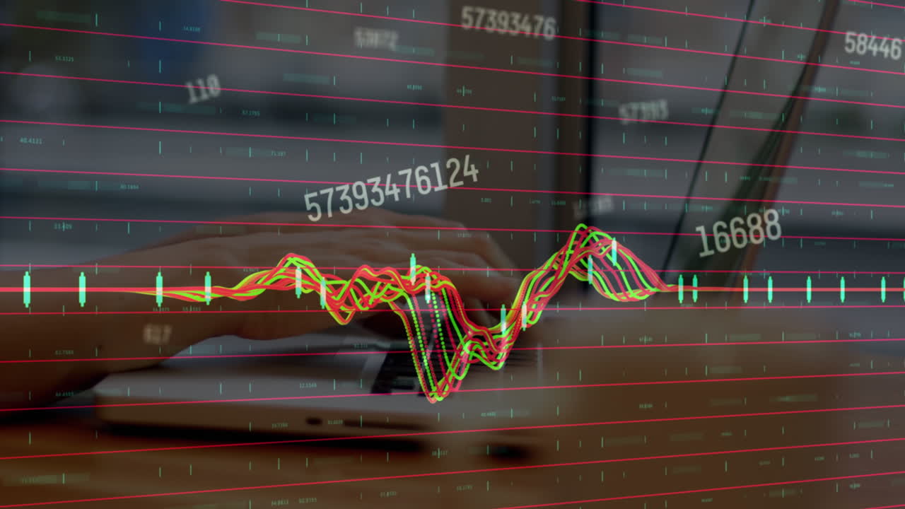 Animation of changing numbers and data processing over mid section of a woman using laptop at cafe