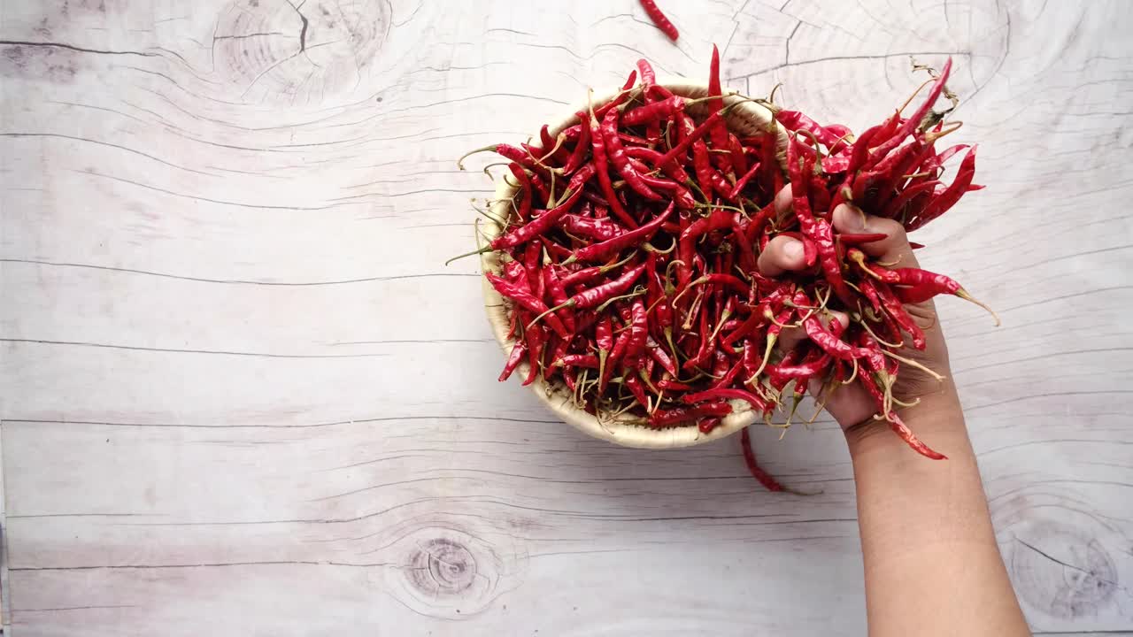 recogiendo a mano pimientos de chile rojos secos de una canasta