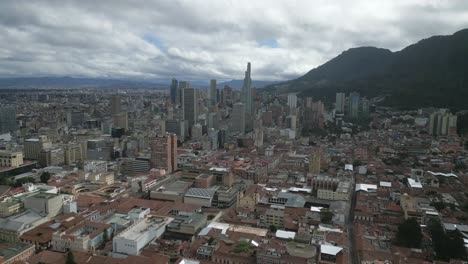 drone approach skyline modern building skyscraper in bogota colombia capital aerial view