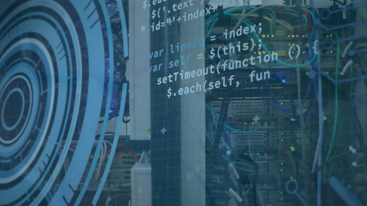 animazione dell'elaborazione dei dati e scansione dell'ambito sulla sala server