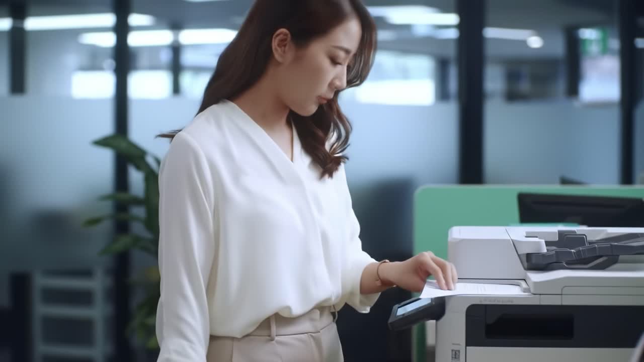 A Professional Woman Engaged in Office Tasks at a Multi-Function Printer, Highlighting Modern Office Equipment Usage and Workplace Efficiency