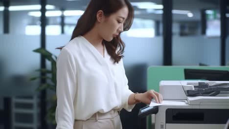 a professional woman engaged in office tasks at a multi-function printer, highlighting modern office equipment usage and workplace efficiency