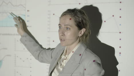 close up view of female employee explaning a slide with graphics to cowokers in a dark room in the office