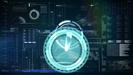 animation of clock and scope with countdown over data processing on screen