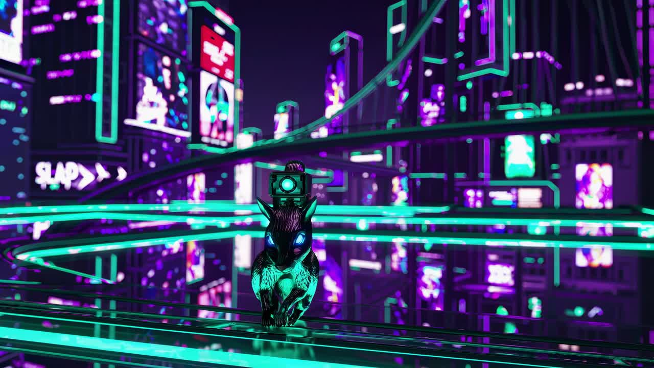 Futuristic Cyberpunk City with a Squirrel wearing a Camera
