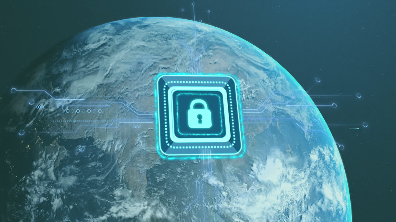 Lock icon and circuit lines animation over Earth from space