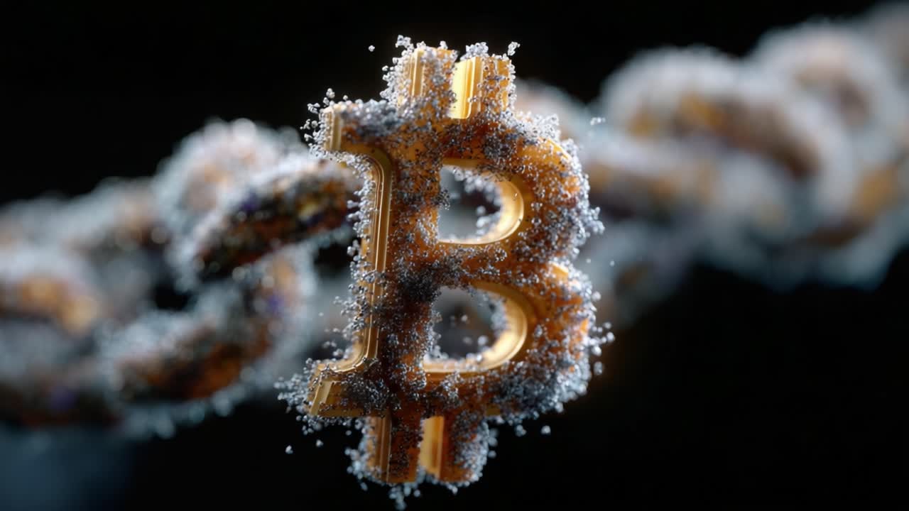 An Intricate Close-up of a Bitcoin Symbol Residing Amongst a Chain, Emphasizing the Innovative Essence of Cryptocurrency in a Unique Abstract Style