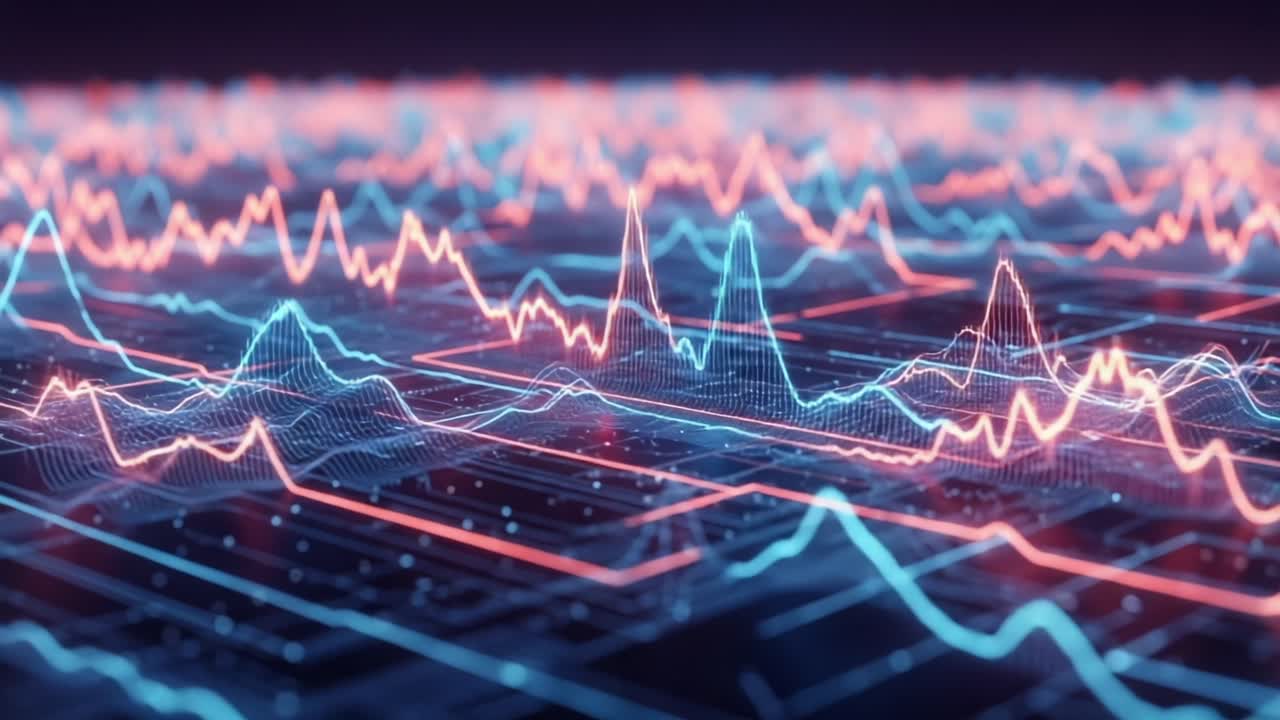 Visual Representation of Data Patterns and Trends Using Vibrant Blue and Red Waveforms in a Dynamic Digital Environment