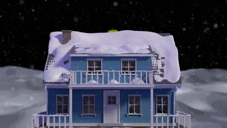 Animation-of-snow-falling-over-house-covered-in-snow-and-winter-landscape-background