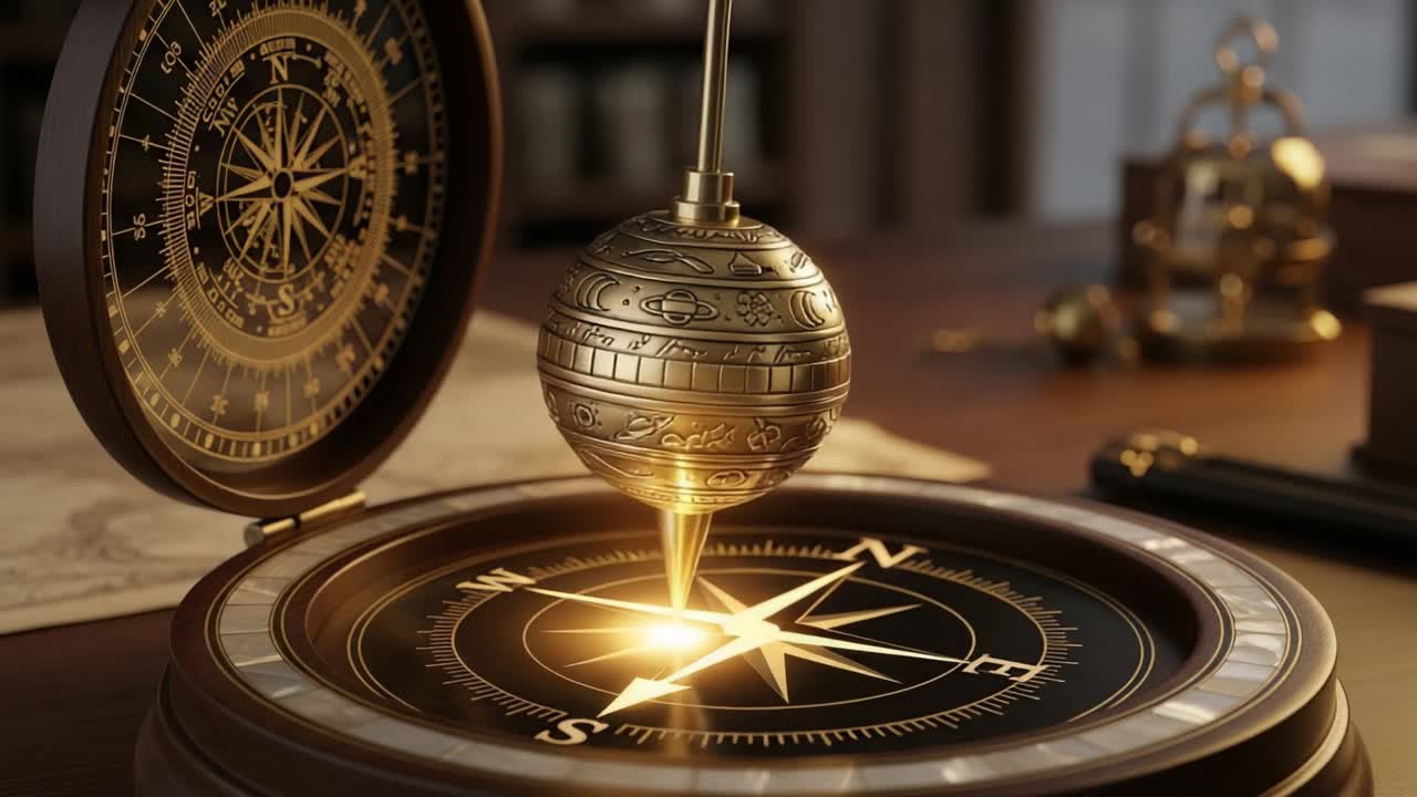 Intricate Vintage Compass and Pendulum on a Wooden Table Captivating the Essence of Navigation and Time with a Golden Glow, Symbolizing Adventure and Exploration