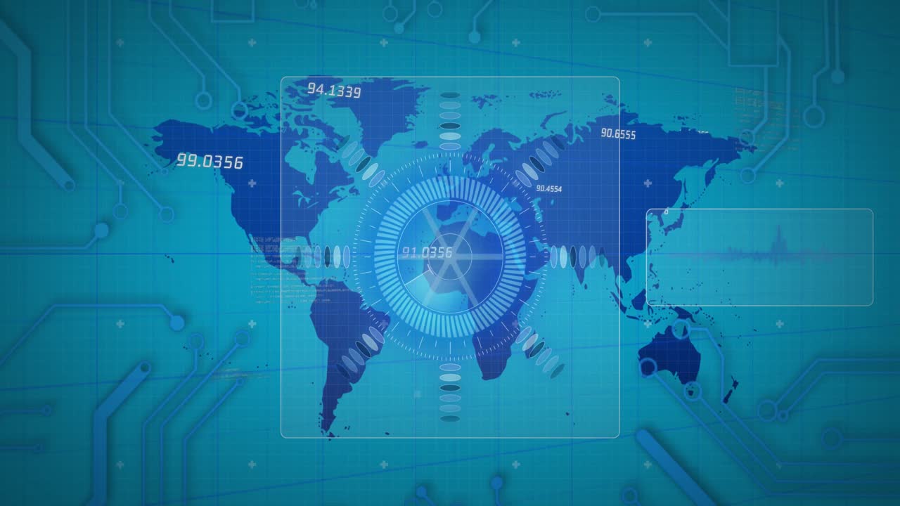파란색 배경의 세계 지도에서 변화하는 숫자와 함께 범위 스캐닝의 애니메이션