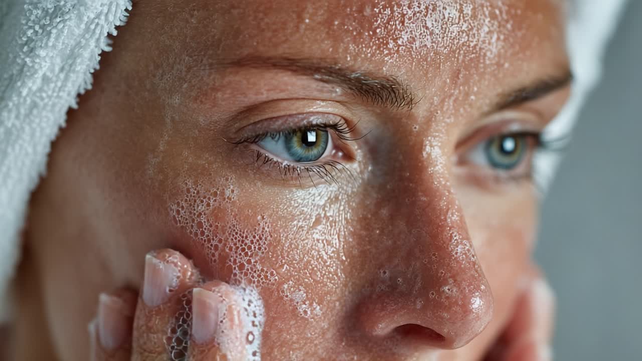 A Close-Up Look at a Woman Gently Cleansing Her Face with Foam, Showcasing a Refreshing Skincare Routine in a Serene, Relaxing Atmosphere