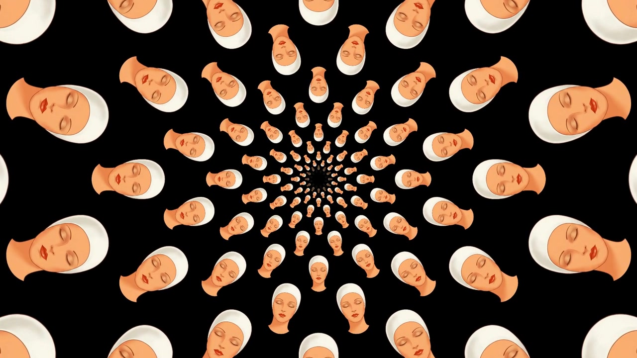 Abstract Animation of Rotating Female Mannequin Heads in Spiral Pattern