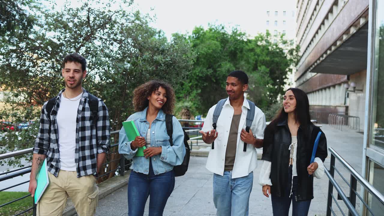 Happy Diverse Group of Students Walking and Talking on Campus