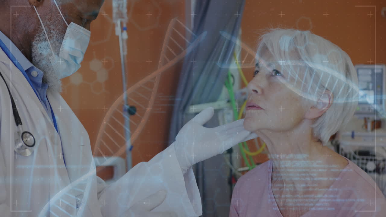 노인 여성 환자를 검사하는 다양한 남성 의사에 대한 dna 가닥과 데이터의 애니메이션