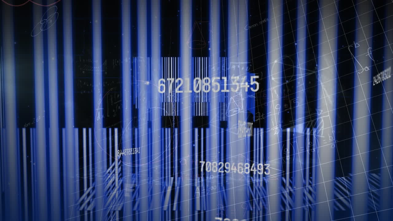 Animation of changing numbers over qr codes against mathematical equations and diagrams