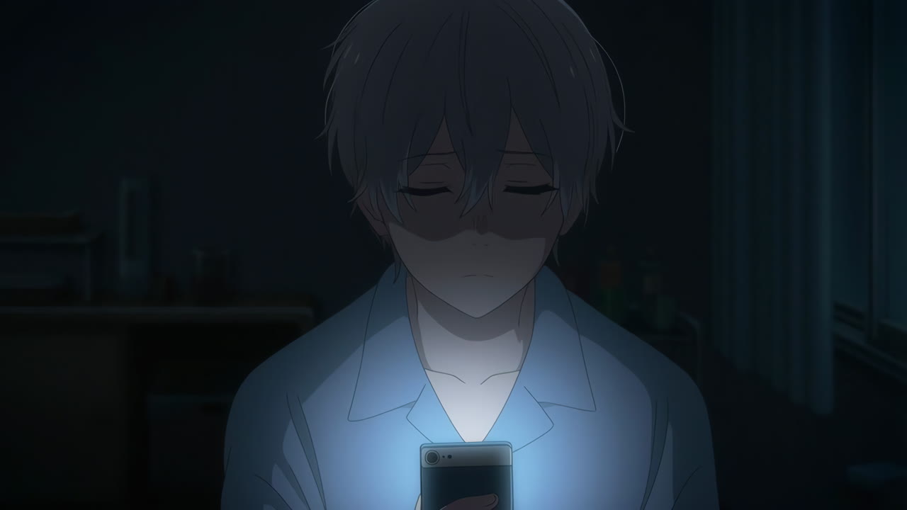 Anime boy using smartphone at night