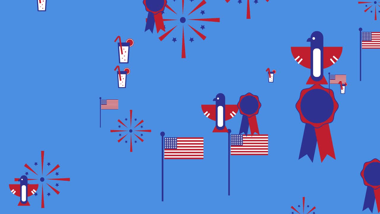 미국  ⁇ 발과 독립기념일 아이콘이 파란색 배경 위로 움직이는 애니메이션