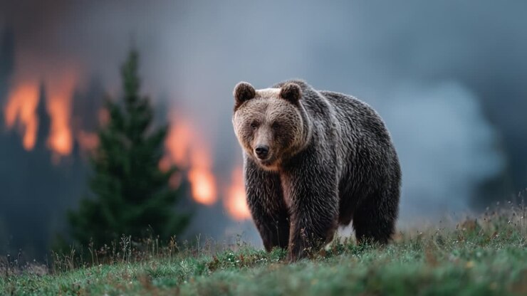 A Majestic Grizzly Bear Stands Resilient Against the Backdrop of a Smoky Forest, Showcasing Nature's Splendor Amidst an Intriguing Landscape of Untamed Wilderness