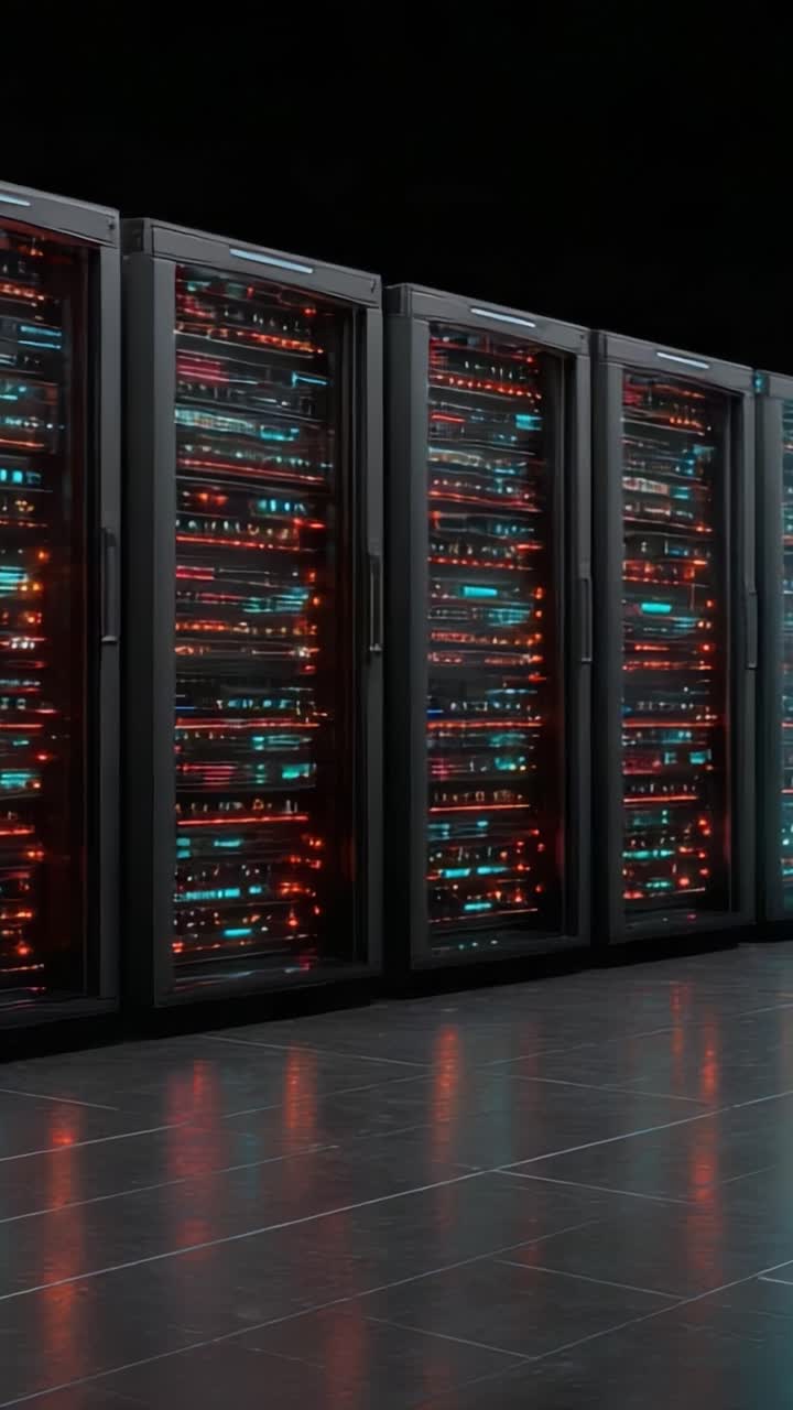 Et moderne datacenter med avancerede serverracks oplyst af dynamiske LED-lys, der viser banebrydende teknologi i et elegant, mørkt miljø.