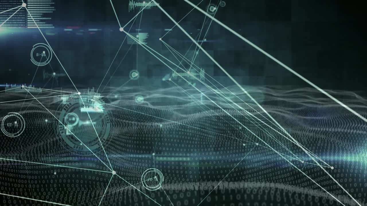 Animation of network of connections and data processing over green and black background